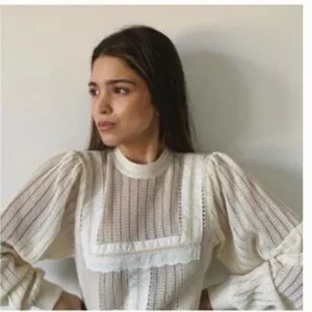 Zara Romantic Sheer Knit Top Lace Trim High Neck Keyhole Back Long Sleeve Size S